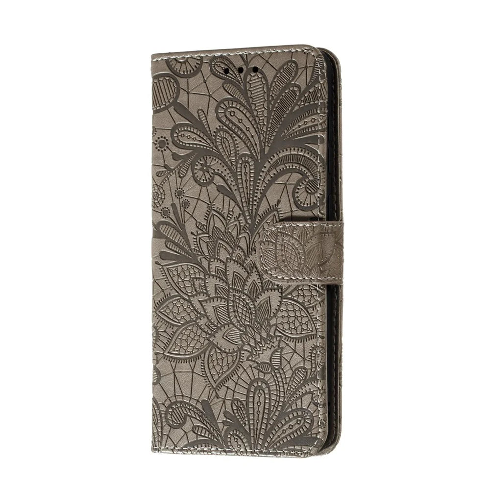 Imprinted Lace Flower Skin Leather with Wallet Stand Case for Samsung Galaxy A41 (Global Version) - Brown - 3