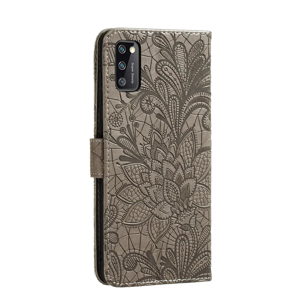 Imprinted Lace Flower Skin Leather with Wallet Stand Case for Samsung Galaxy A41 (Global Version) - Brown - 4