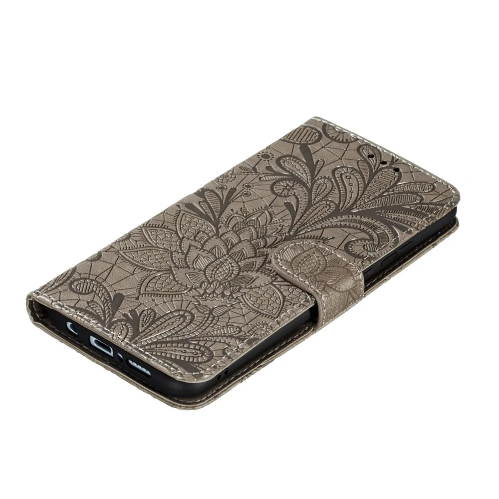Imprinted Lace Flower Skin Leather with Wallet Stand Case for Samsung Galaxy A41 (Global Version) - Brown - 6