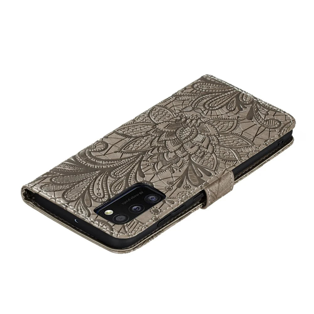 Imprinted Lace Flower Skin Leather with Wallet Stand Case for Samsung Galaxy A41 (Global Version) - Brown - 7