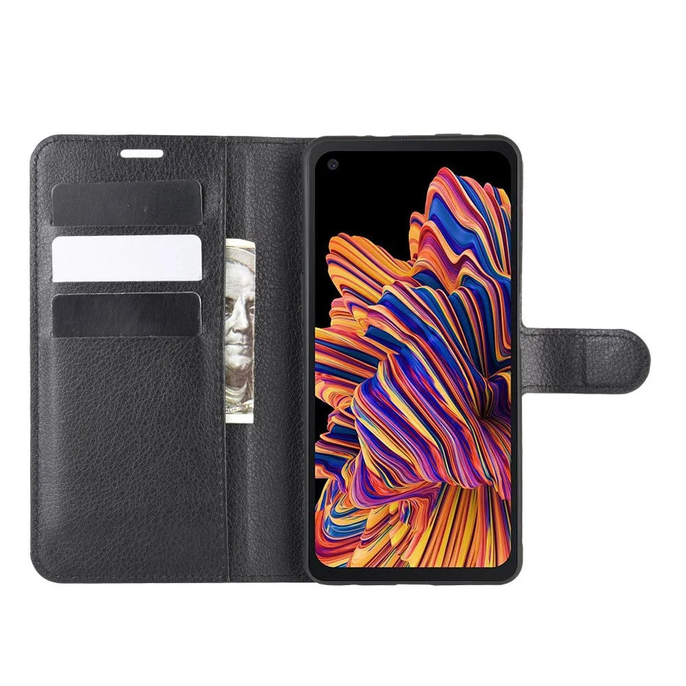 Litchi Skin Wallet Leather Stand Case for Samsung Galaxy Xcover Pro - Black - 4