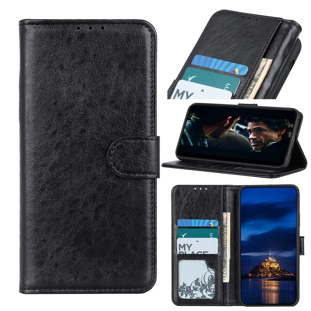 For Samsung Galaxy A21s Crazy Horse Texture PU Leather Flip Folio Stand Wallet Phone Case Cover - Black - 1