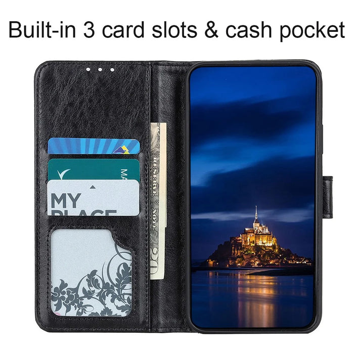 For Samsung Galaxy A21s Crazy Horse Texture PU Leather Flip Folio Stand Wallet Phone Case Cover - Black - 6