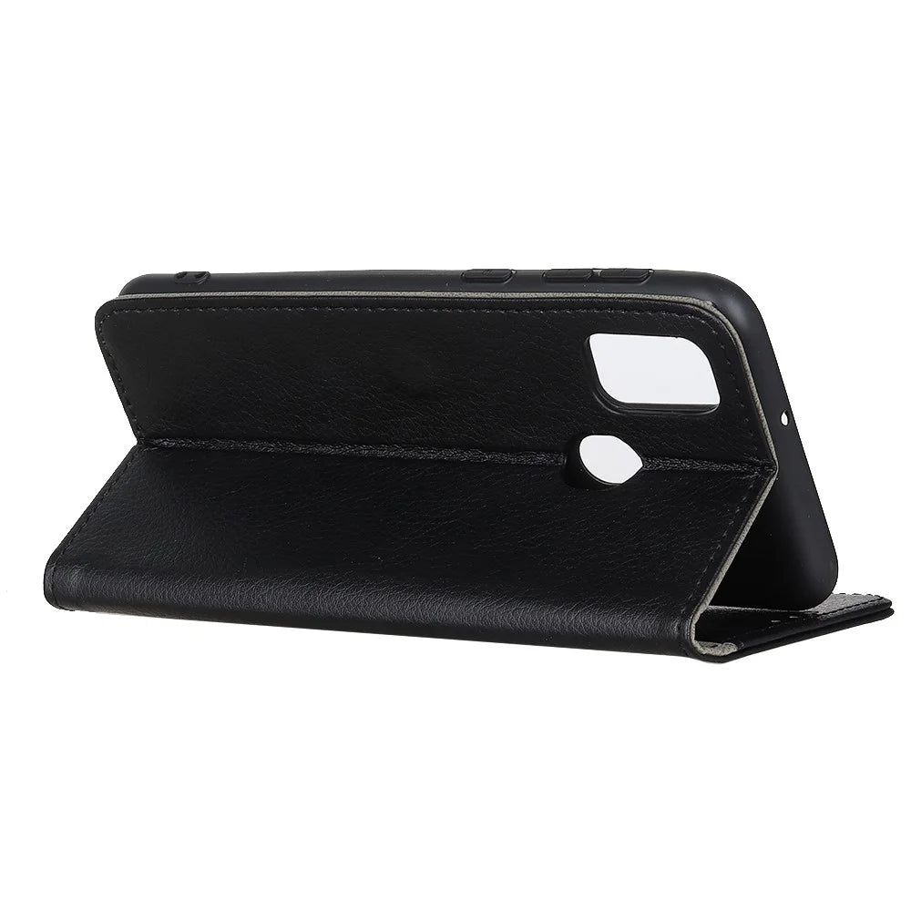 Litchi Skin Leather Wallet Stand Phone Case for Samsung Galaxy A21s - Black - 3