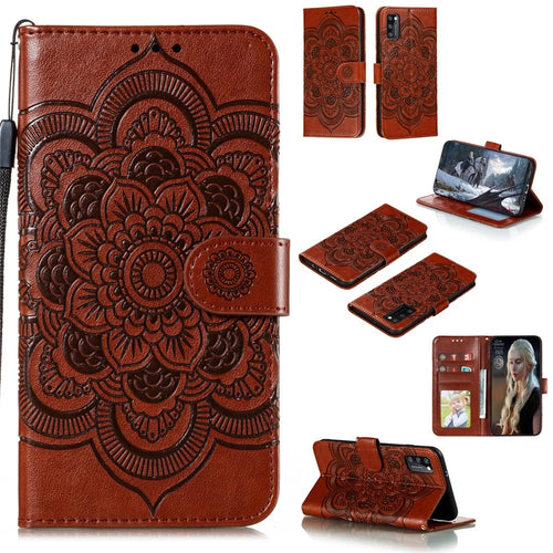Imprint Mandala Flower Leather Wallet Case with Lanyard for Samsung Galaxy A41 (Global Version) - Brown - 1