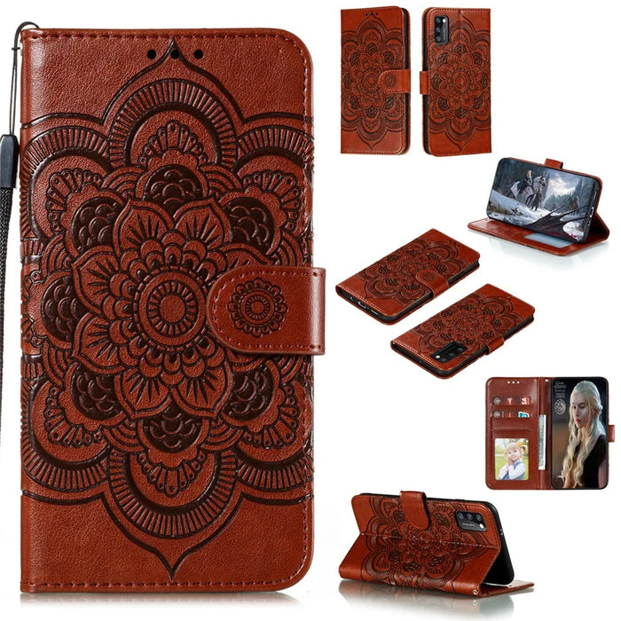 Imprint Mandala Flower Leather Wallet Case with Lanyard for Samsung Galaxy A41 (Global Version) - Brown - 1