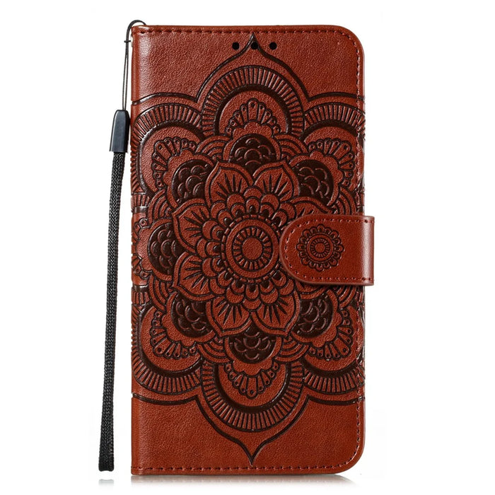 Imprint Mandala Flower Leather Wallet Case with Lanyard for Samsung Galaxy A41 (Global Version) - Brown - 2