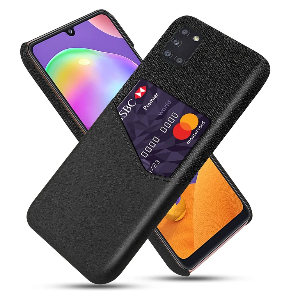Card Holder Cloth + PU Leather Coated PC Phone Shell for Samsung Galaxy A31 - Black - 1
