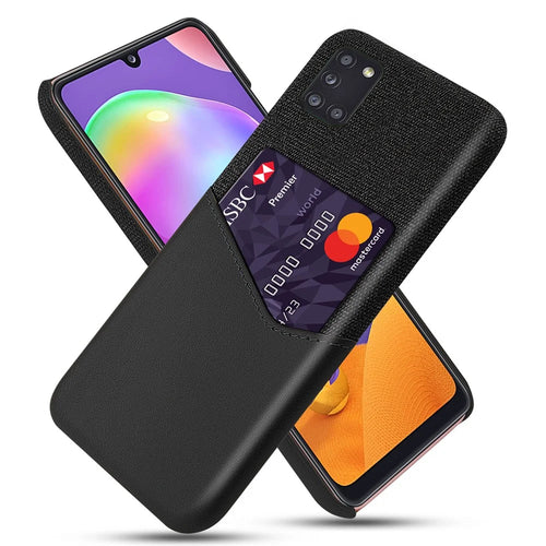 Card Holder Cloth + PU Leather Coated PC Phone Shell for Samsung Galaxy A31 - Black - 1