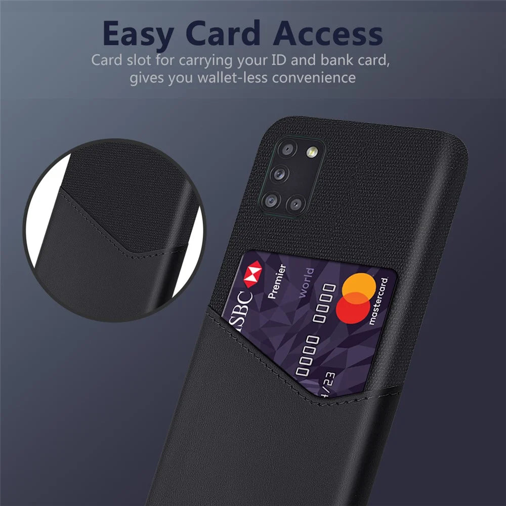 Card Holder Cloth + PU Leather Coated PC Phone Shell for Samsung Galaxy A31 - Black - 3
