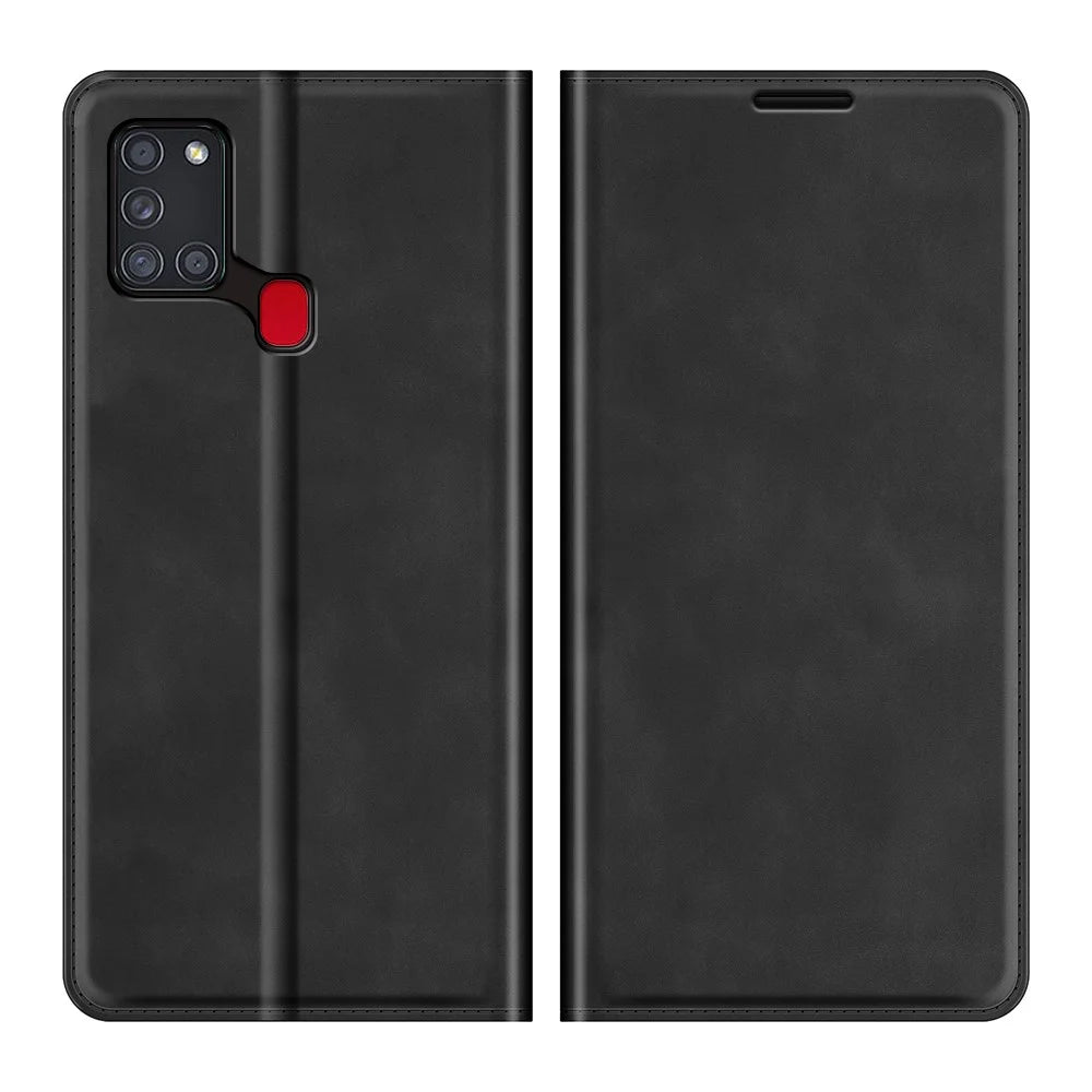 Silky Touch Auto-Absorbed Flip Leather Wallet Stand Case for Samsung Galaxy A21s Cell Phone Accessory - Black - 1