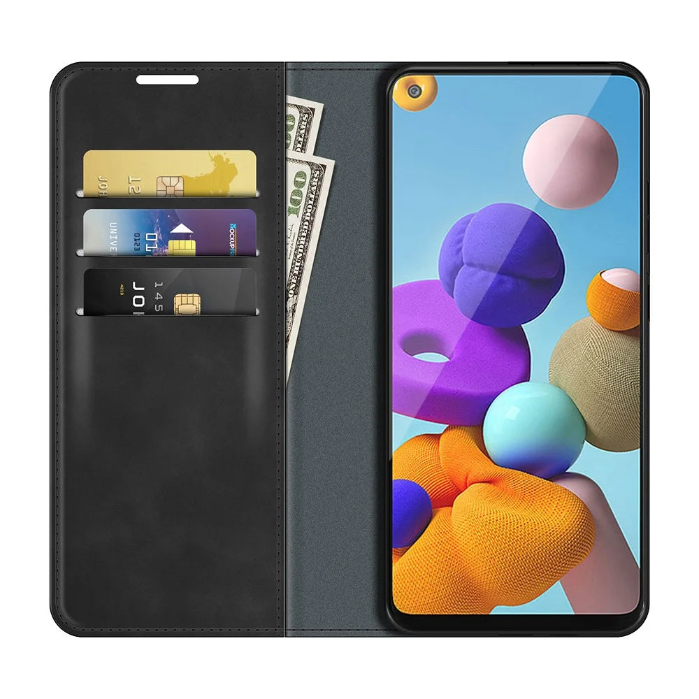 Silky Touch Auto-Absorbed Flip Leather Wallet Stand Case for Samsung Galaxy A21s Cell Phone Accessory - Black - 3
