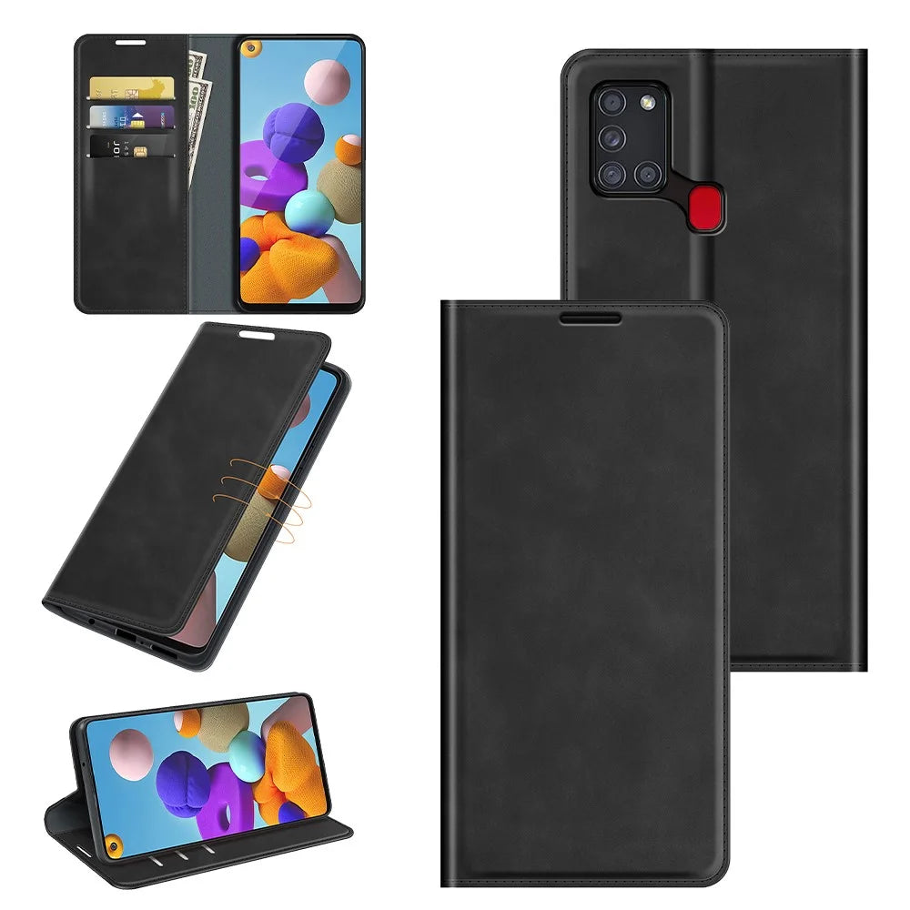 Silky Touch Auto-Absorbed Flip Leather Wallet Stand Case for Samsung Galaxy A21s Cell Phone Accessory - Black - 7