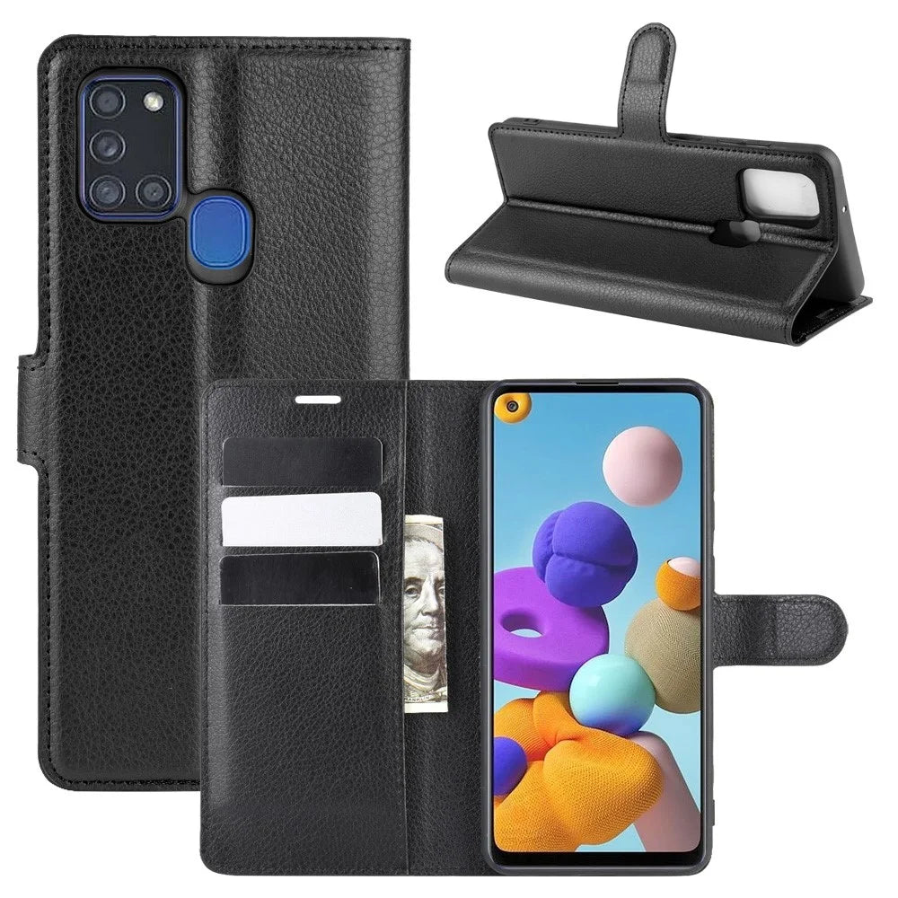 Litchi Texture Mobile Phone Shell Wallet Leather Cool Cover for Samsung Galaxy A21s Supporting Stand Phone Case - Black - 1