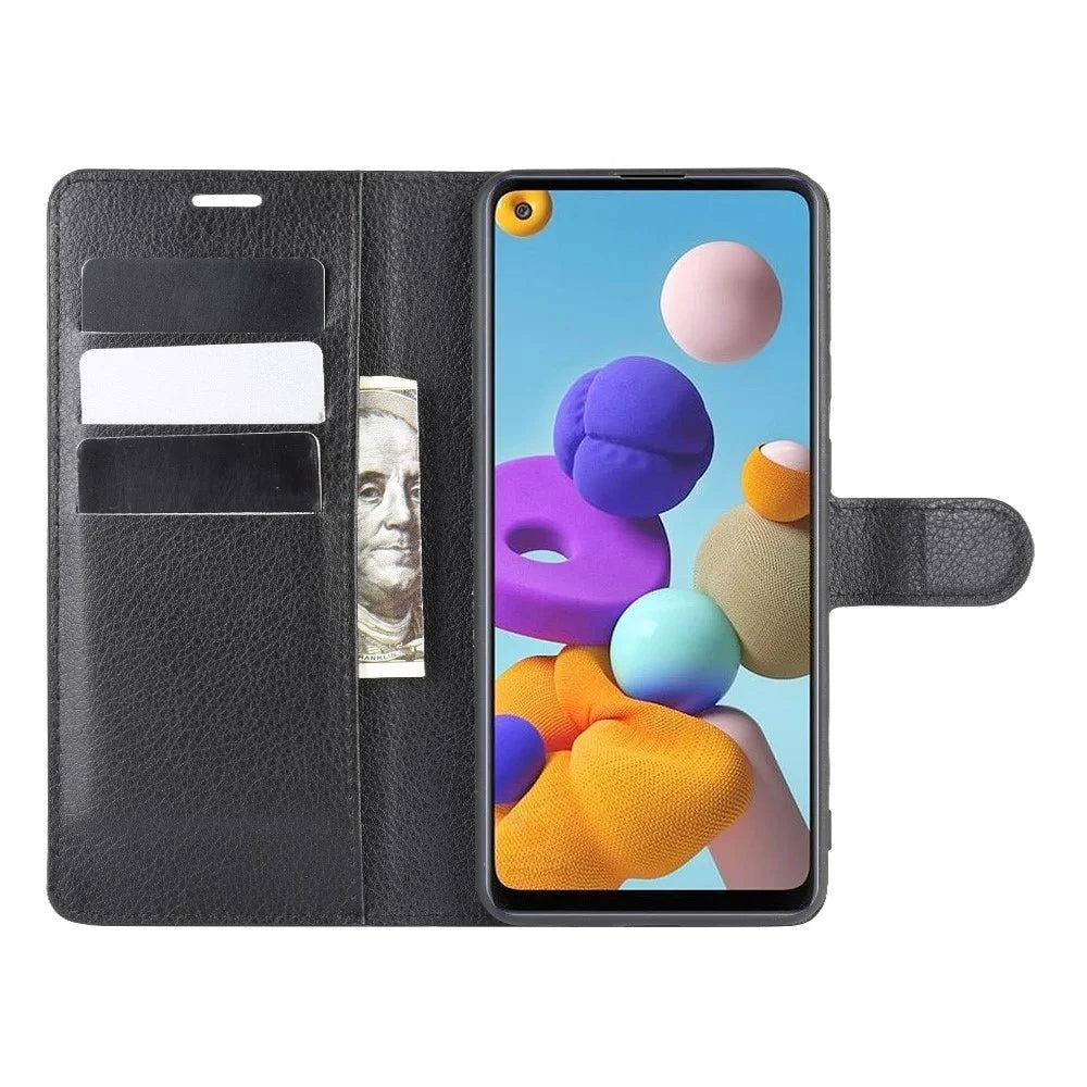 Litchi Texture Mobile Phone Shell Wallet Leather Cool Cover for Samsung Galaxy A21s Supporting Stand Phone Case - Black - 4