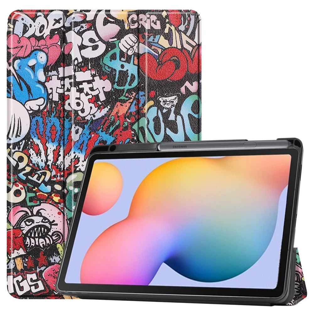 Pattern Printing Tri-Fold Stand Leather Smart Case with Pen Slot for Samsung Galaxy Tab S6 Lite (2020) / (2022) / (2024) - Cartoon Graffiti - 1