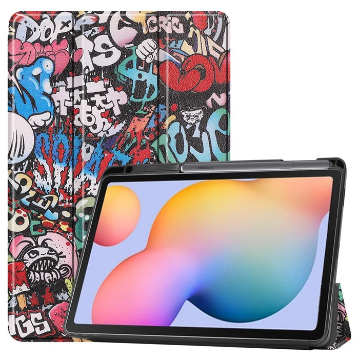 Pattern Printing Tri-Fold Stand Leather Smart Case with Pen Slot for Samsung Galaxy Tab S6 Lite (2020) / (2022) / (2024) - Cartoon Graffiti - 1