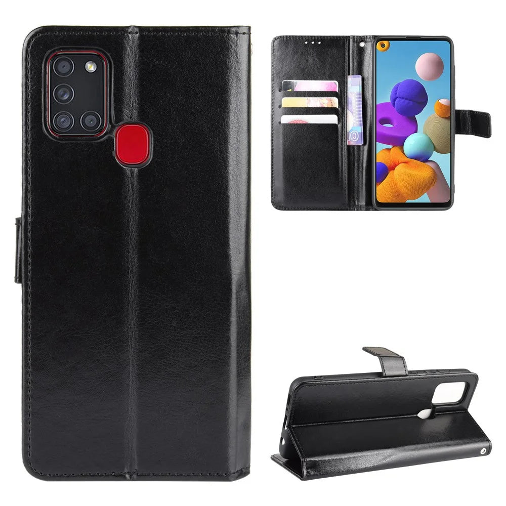 Crazy Horse Wallet Stand Leather Flip Cell Phone Cover for Samsung Galaxy A21s - Black - 1