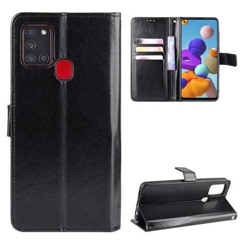Crazy Horse Wallet Stand Leather Flip Cell Phone Cover for Samsung Galaxy A21s - Black - 1
