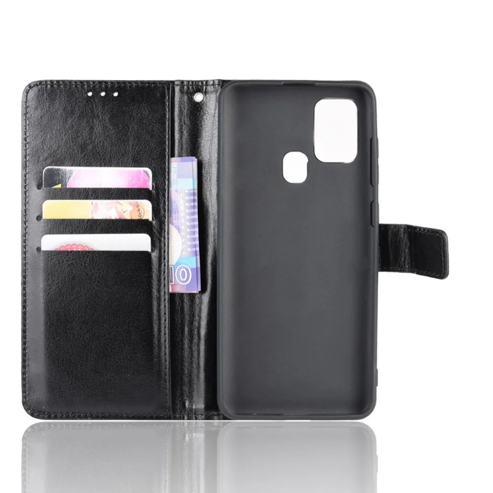 Crazy Horse Wallet Stand Leather Flip Cell Phone Cover for Samsung Galaxy A21s - Black - 4