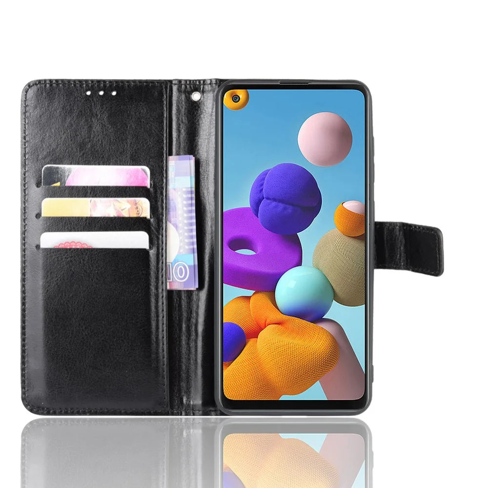 Crazy Horse Wallet Stand Leather Flip Cell Phone Cover for Samsung Galaxy A21s - Black - 5