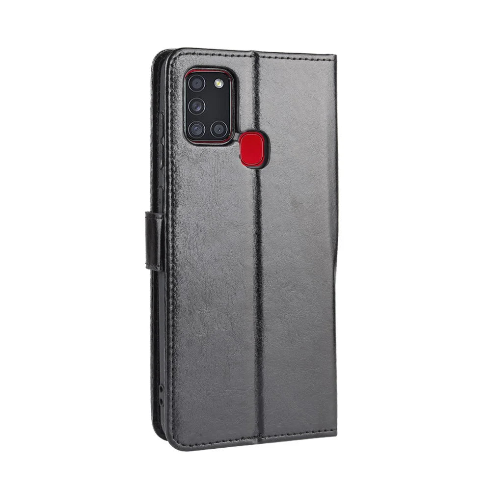 Crazy Horse Wallet Stand Leather Flip Cell Phone Cover for Samsung Galaxy A21s - Black - 7
