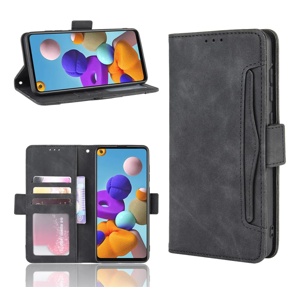 Multiple Card Slots Wallet Leather Protection Case for Samsung Galaxy A21s Foldable Stand Phone Case - Black - 1