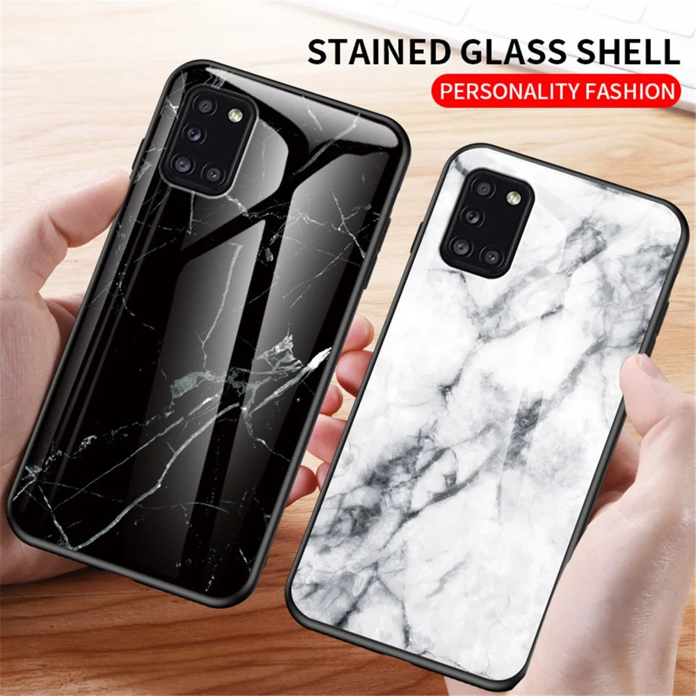 Marble Texture Tempered Glass + PC + TPU Hybrid Protection Case for Samsung Galaxy A31 - Black - 3
