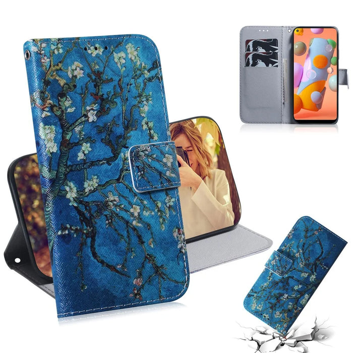 Printing Skin Leather Wallet Phone Case for Samsung Galaxy A11 (EU Version)/M11 - Flower Tree - 1