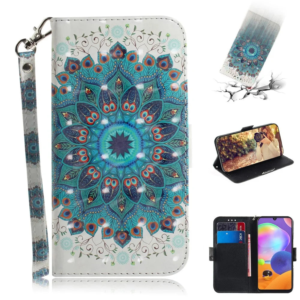 Pattern Printing Light Spot Decor Leather Wallet Phone Case Cover for Samsung Galaxy A31 - Mandala - 1