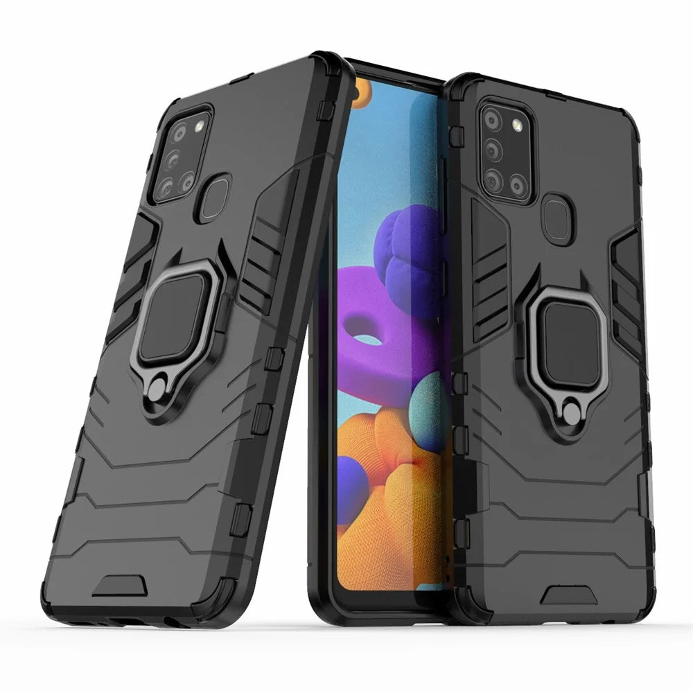 Cool Guard Ring Holder Kickstand PC TPU Hybrid Case Protective Shell for Samsung Galaxy A21s - Black - 1