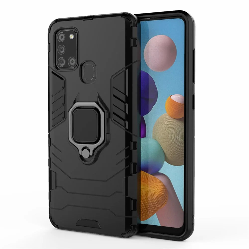 Cool Guard Ring Holder Kickstand PC TPU Hybrid Case Protective Shell for Samsung Galaxy A21s - Black - 2