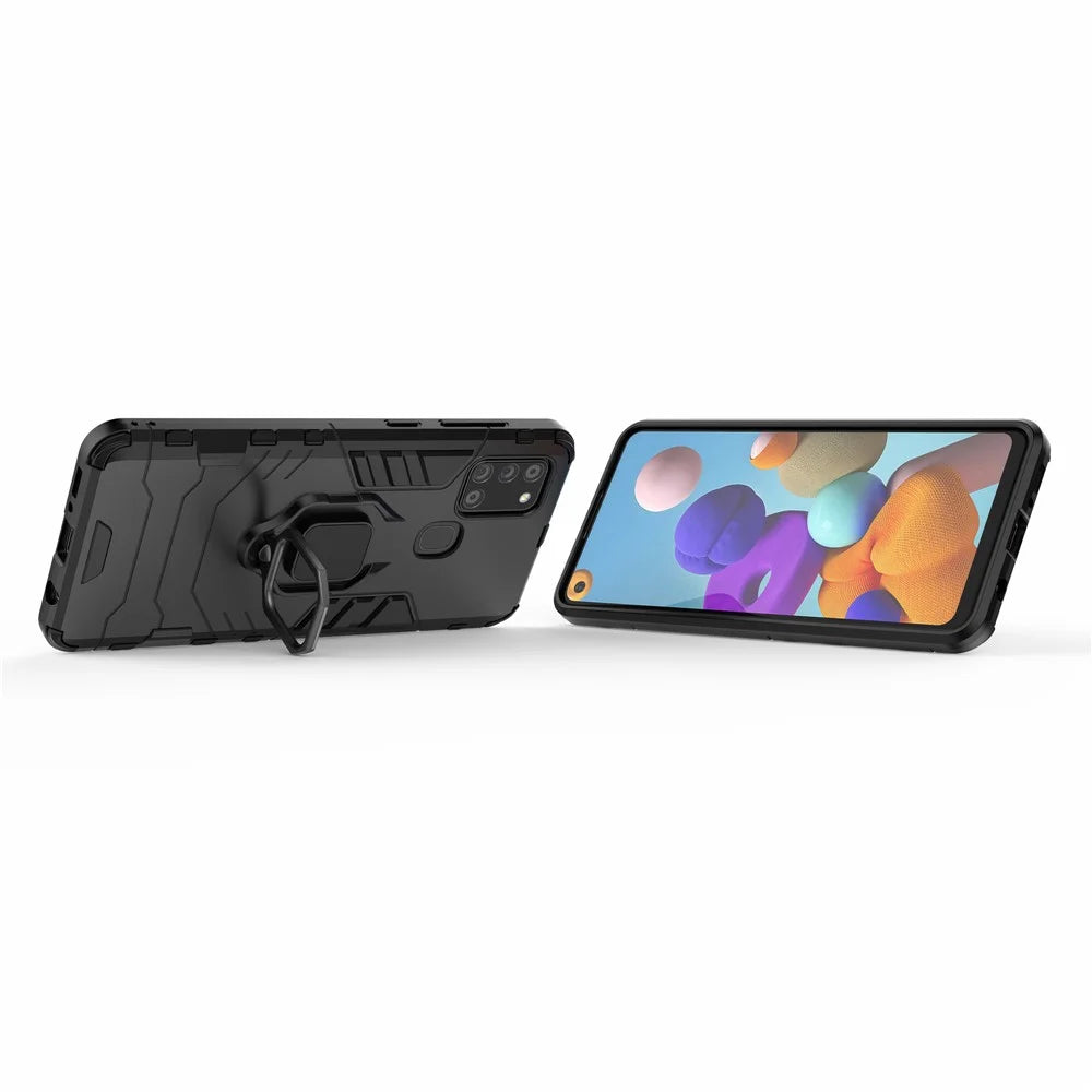 Cool Guard Ring Holder Kickstand PC TPU Hybrid Case Protective Shell for Samsung Galaxy A21s - Black - 3