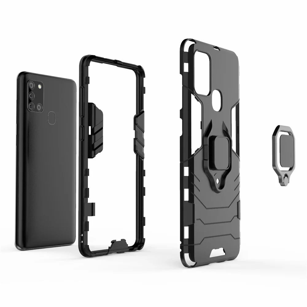Cool Guard Ring Holder Kickstand PC TPU Hybrid Case Protective Shell for Samsung Galaxy A21s - Black - 4