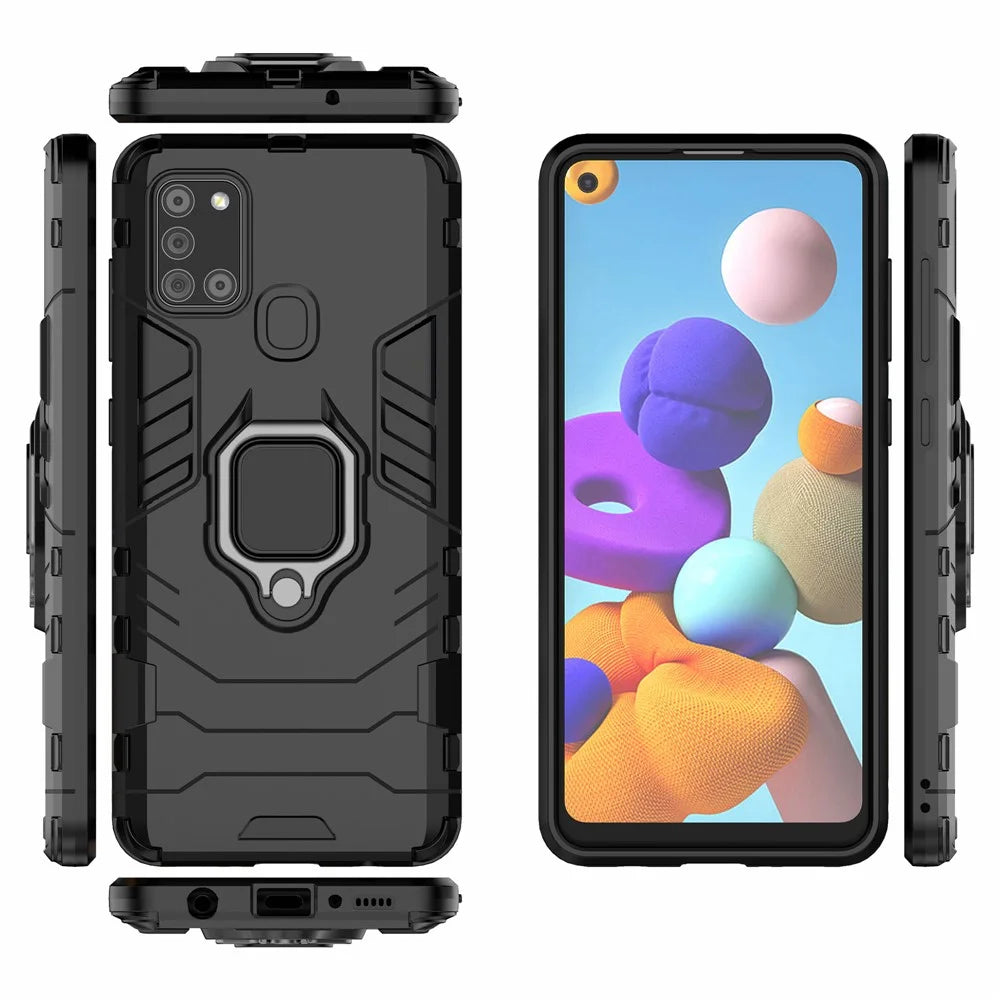 Cool Guard Ring Holder Kickstand PC TPU Hybrid Case Protective Shell for Samsung Galaxy A21s - Black - 7