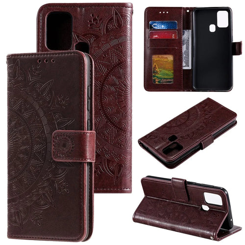 Imprint Flower Leather Wallet Cool Phone Casing for Samsung Galaxy A21s - Brown - 1