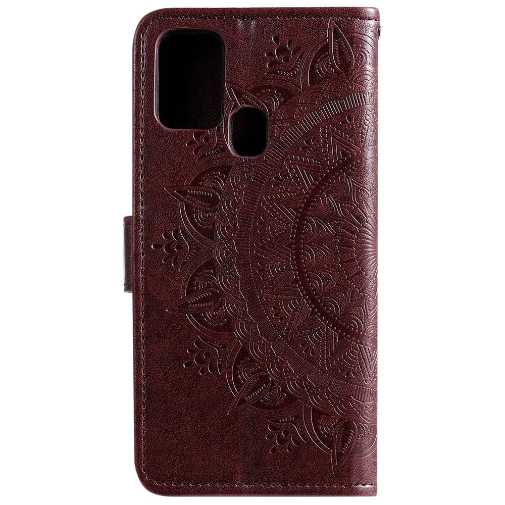 Imprint Flower Leather Wallet Cool Phone Casing for Samsung Galaxy A21s - Brown - 4