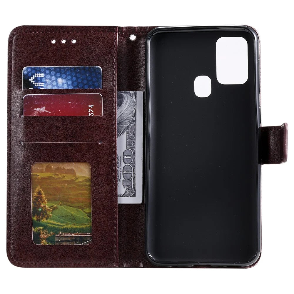 Imprint Flower Leather Wallet Cool Phone Casing for Samsung Galaxy A21s - Brown - 5