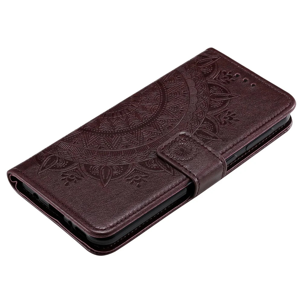 Imprint Flower Leather Wallet Cool Phone Casing for Samsung Galaxy A21s - Brown - 6