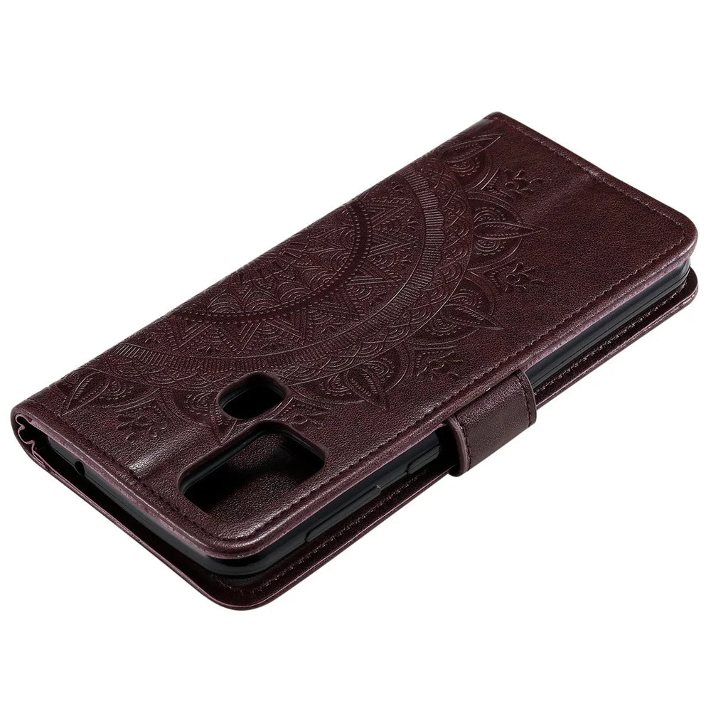 Imprint Flower Leather Wallet Cool Phone Casing for Samsung Galaxy A21s - Brown - 7