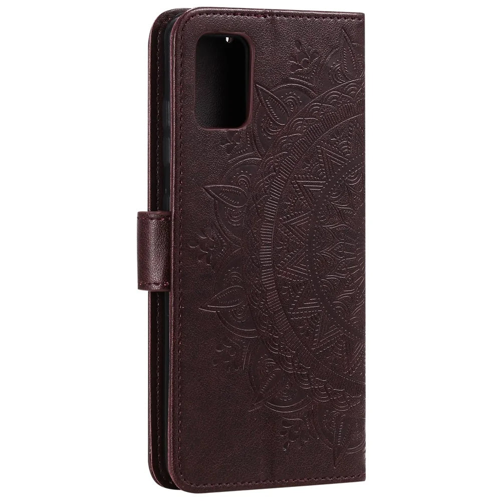 Imprint Flower Leather Cool Wallet Case for Samsung Galaxy A31 - Brown - 5