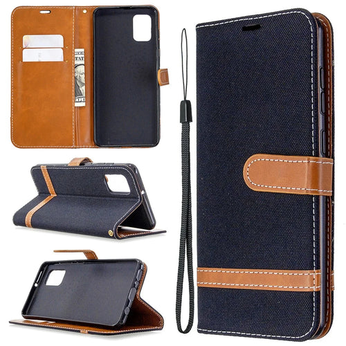 Assorted Color Jeans Cloth Leather Stylish with Wallet Case for Samsung Galaxy A31 - Black - 1