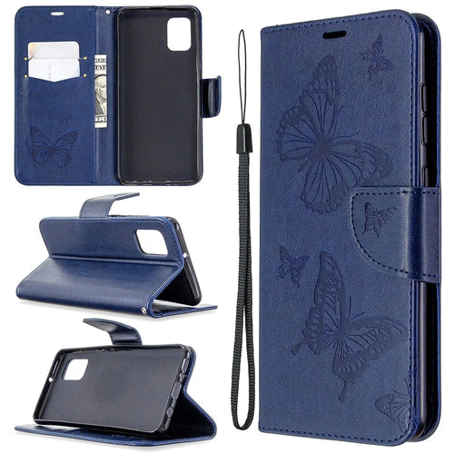 Imprint Butterfly Wallet Leather Shell for Samsung Galaxy A31 - Blue - 1