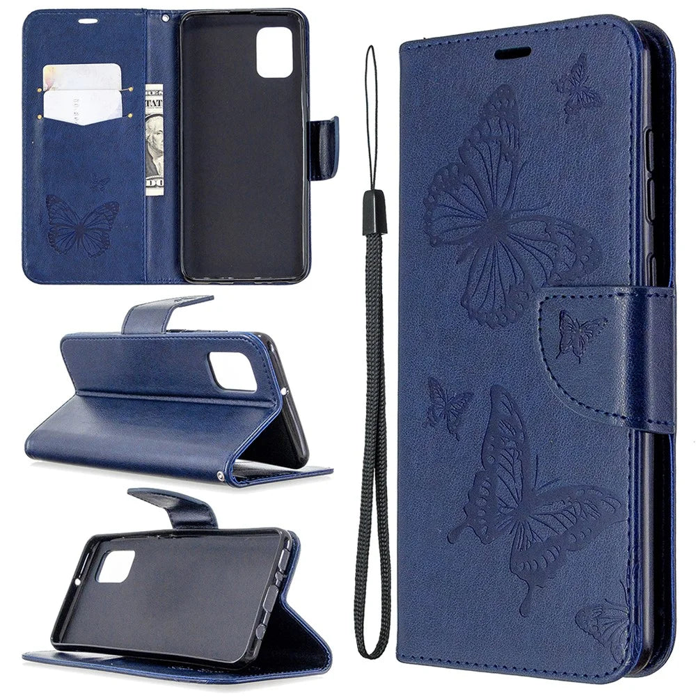 Imprint Butterfly Wallet Leather Shell for Samsung Galaxy A31 - Blue - 1