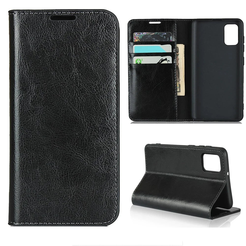 Crazy Horse Skin Genuine Leather Wallet Phone Case for Samsung Galaxy A41 (Global Version) - Black - 1