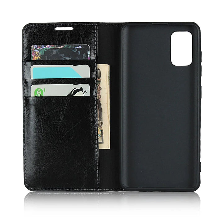Crazy Horse Skin Genuine Leather Wallet Phone Case for Samsung Galaxy A41 (Global Version) - Black - 3