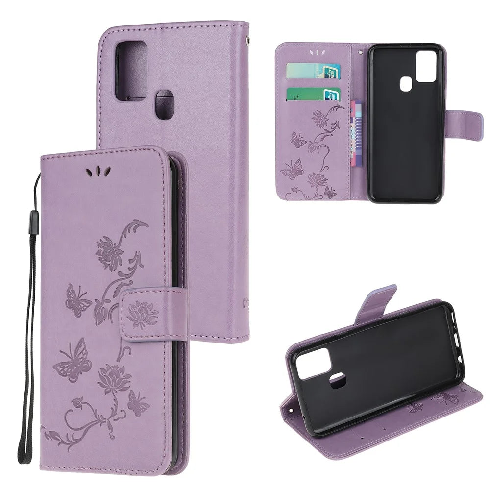 Imprint Butterfly Flower Wallet Leather Cell Phone Case for Samsung Galaxy M21/M30s - Light Purple - 1