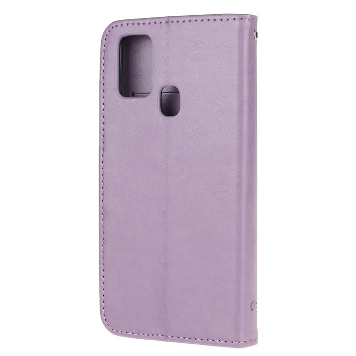 Imprint Butterfly Flower Wallet Leather Cell Phone Case for Samsung Galaxy M21/M30s - Light Purple - 3