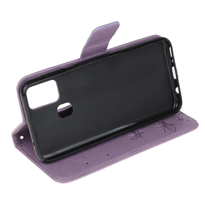 Imprint Butterfly Flower Wallet Leather Cell Phone Case for Samsung Galaxy M21/M30s - Light Purple - 4