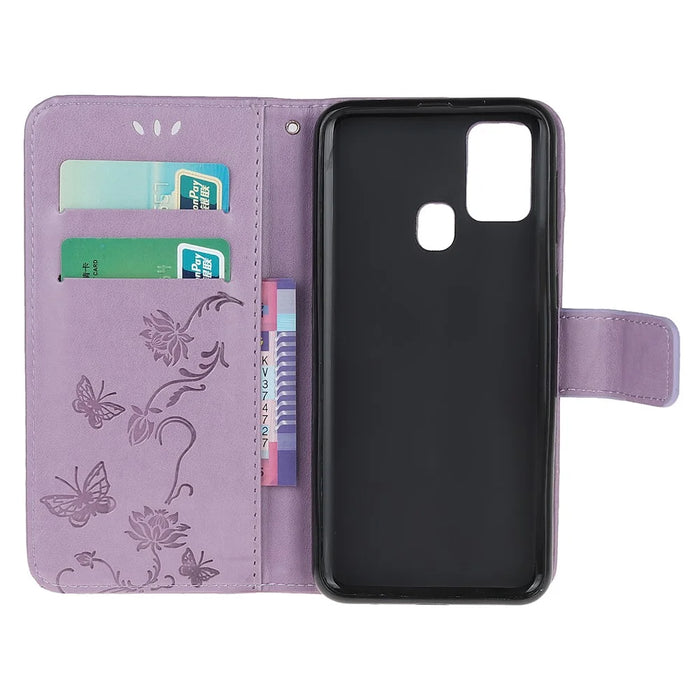 Imprint Butterfly Flower Wallet Leather Cell Phone Case for Samsung Galaxy M21/M30s - Light Purple - 5